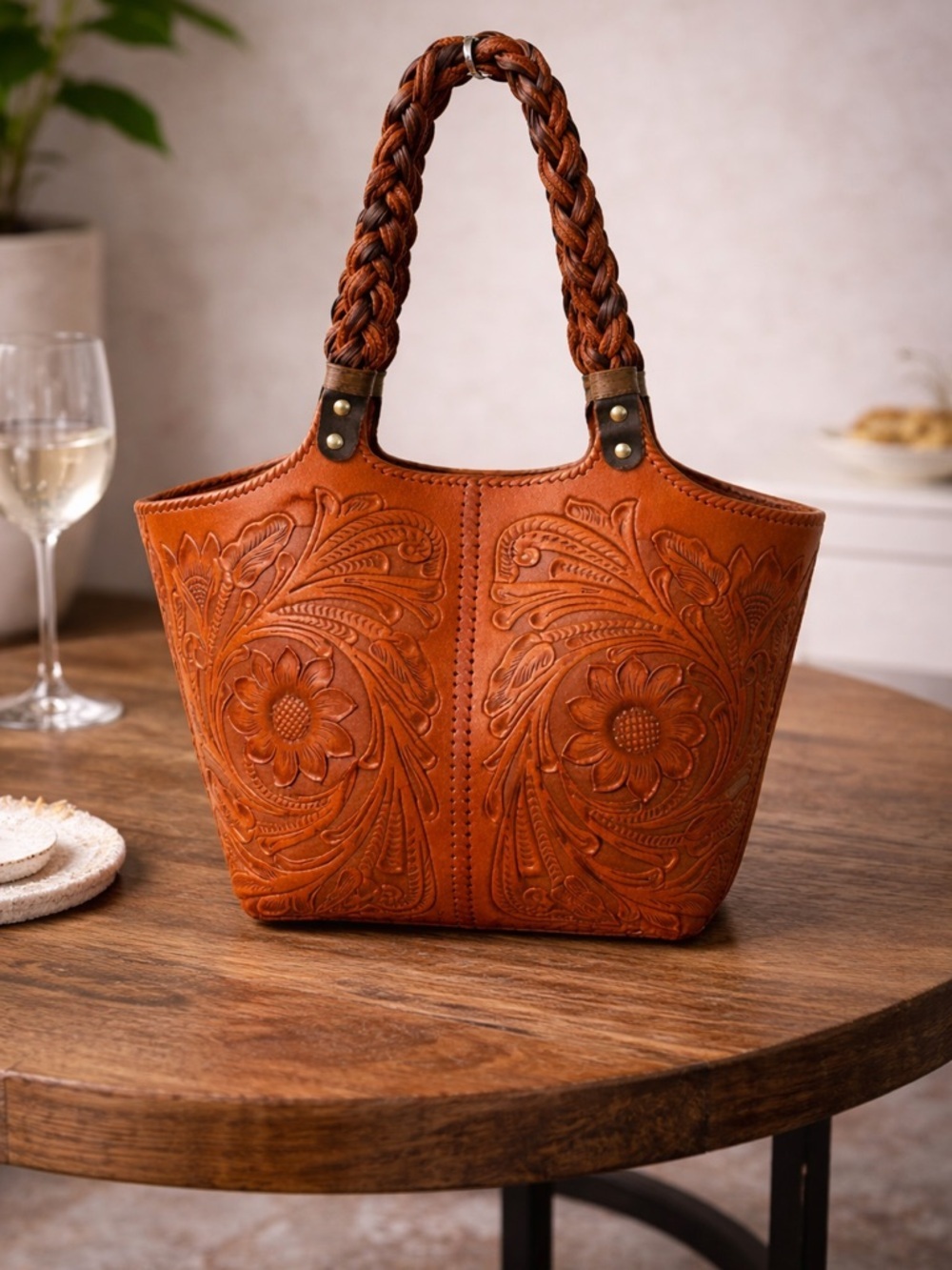 Alejandro Yeo Brown Leather Shoulder bag braided handle structured tote tooled